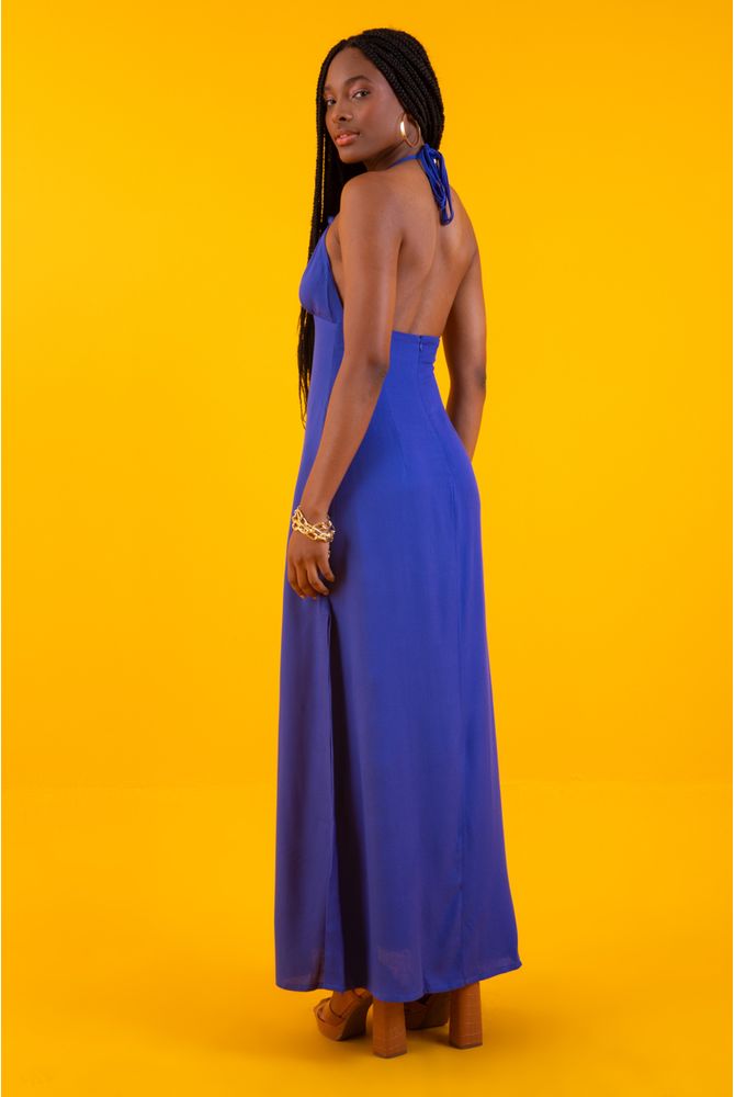 Vestido Longo Decote V com Tule Azul Bic - Victorias Fashion Store